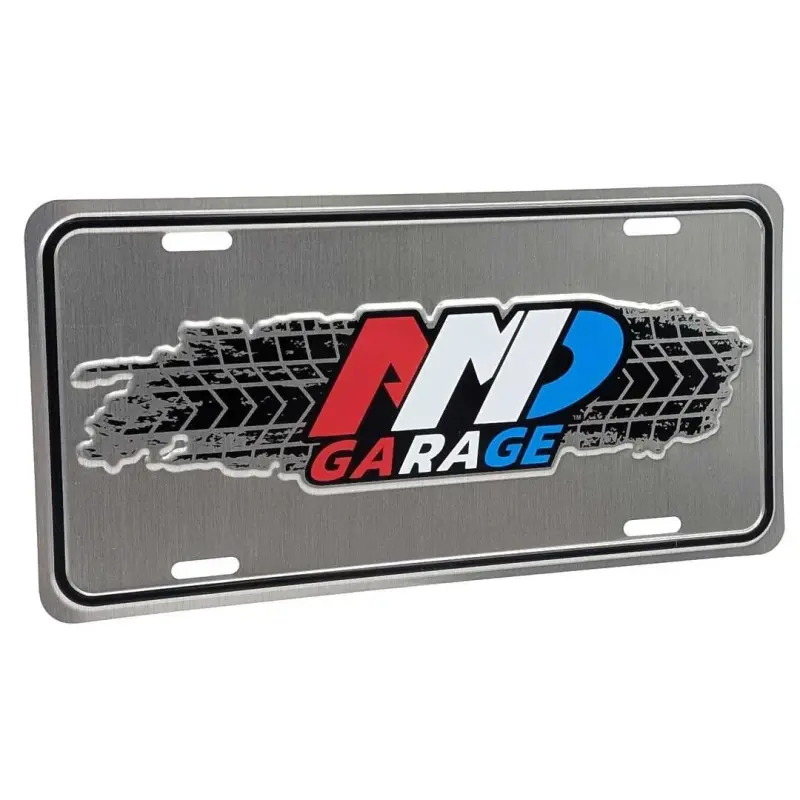 AMD Garage Red White and Blue Embossed License Plate Tag